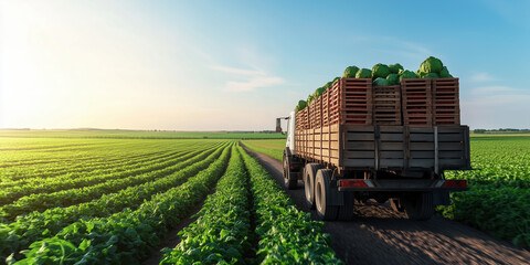 A loaded truck driving along a dirt road through green crop fields