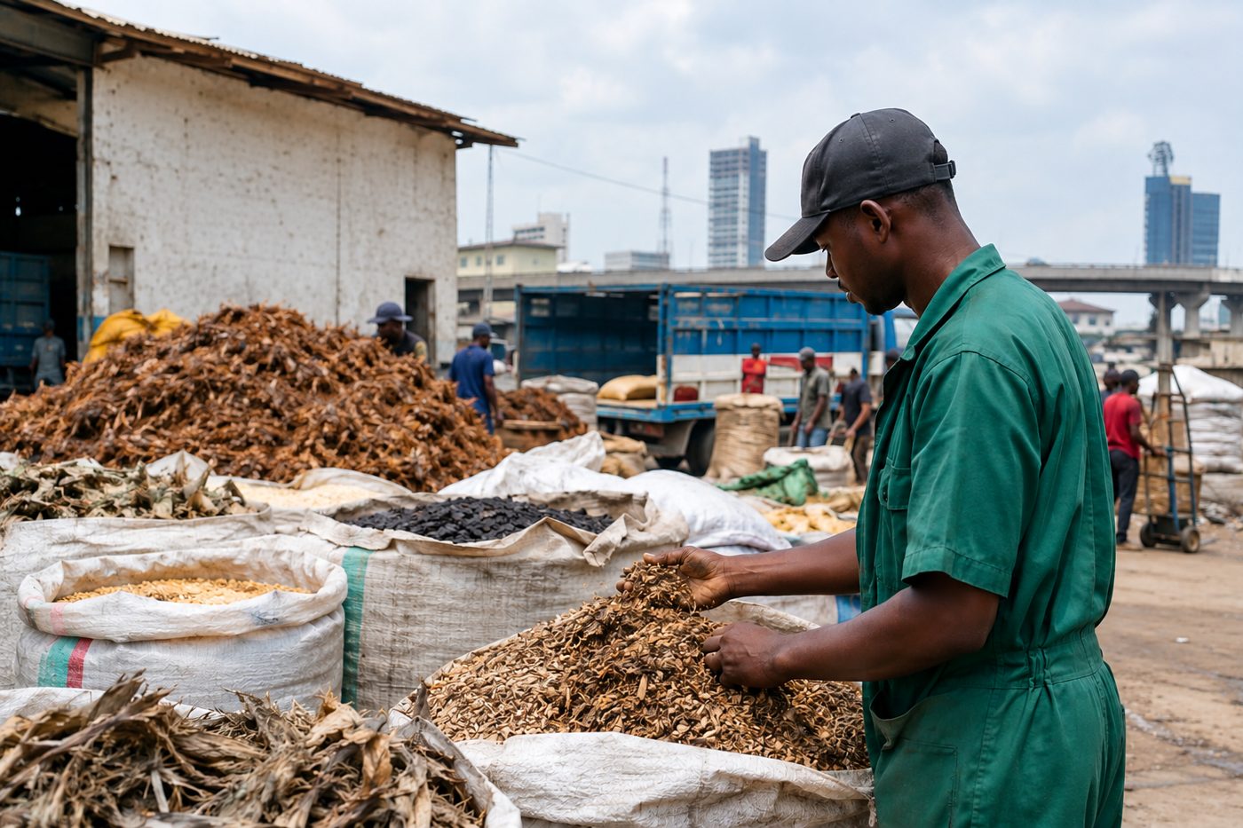 An ADMK Bio worker inspecting bagged agricultural by-products at a sourcing yard in Lagos